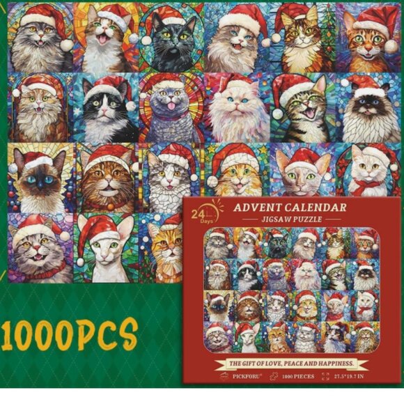 Christmas Cats Mosaic Stained Glass Advent Calendar Jigsaw Puzzle 1000 Pieces - Picture 3 of 5